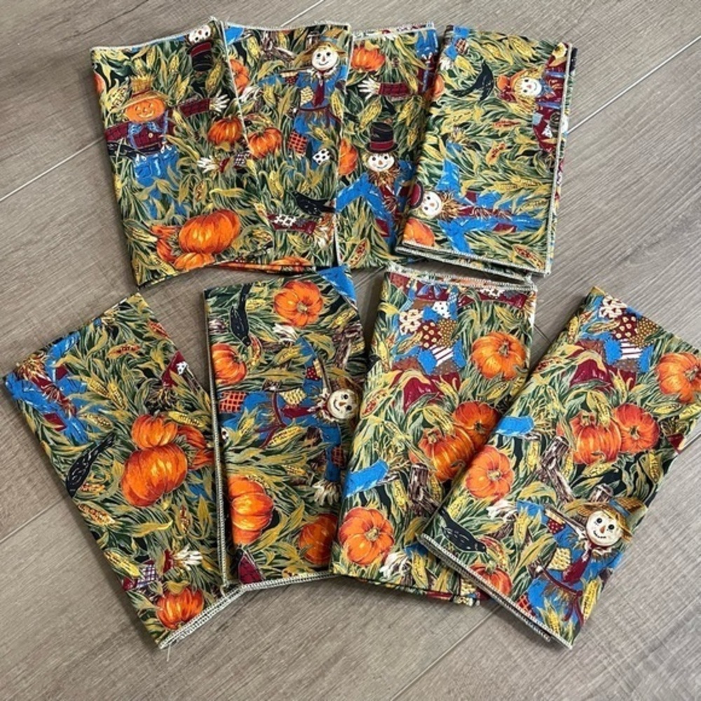 Thanksgiving Autumn Fall 8 Napkins Set Pumpkins Scarecrow Farm Handmade 16x16‎